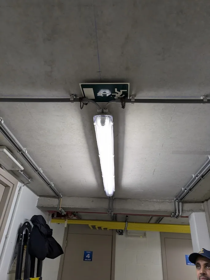 Réglette LED étanche et signalisation d'évacuation dans le couloir des caves d'un immeuble